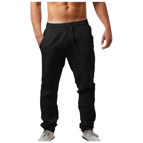 Sobzia Pantaloni Uomo,Pantaloni Lino Uomo Estivi Casual Leggeri Larghi Pantalone Elastico in Vita Comodi Pantalone Coulisse con Tasche per Yoga Vacanze Spiaggia Uso Quotidiano Nero M