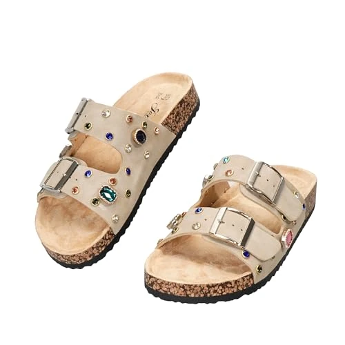Offre limitée : JOMIX Mules Femmes Claquettes avec Perles Confortables Plat été Sandales en Liège Boucle Réglable pour Maison Piscine Plage (WCX260158, Beige, 36 EU) de 25.45 € à 24.17 € (5% de remise)