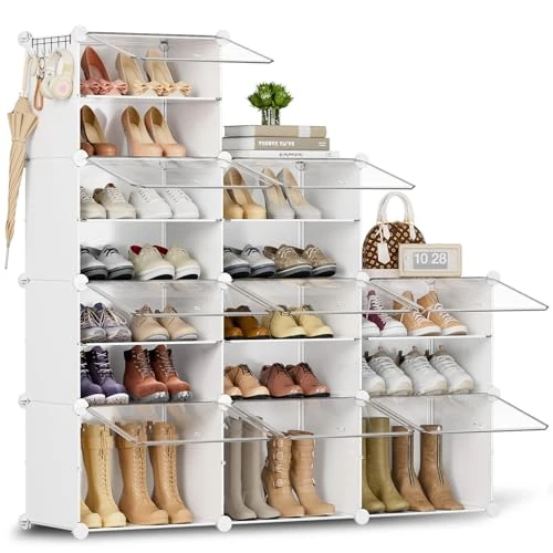 Offerta a tempo: HOMICKER Scarpiera salvaspazio a 15 scomparti con porta, scarpiera modulare in plastica chiusa bianca, mobile per scarpe ingresso fai da te per corridoio camera da letto - 35% da 69.99 € a 45.59 €
