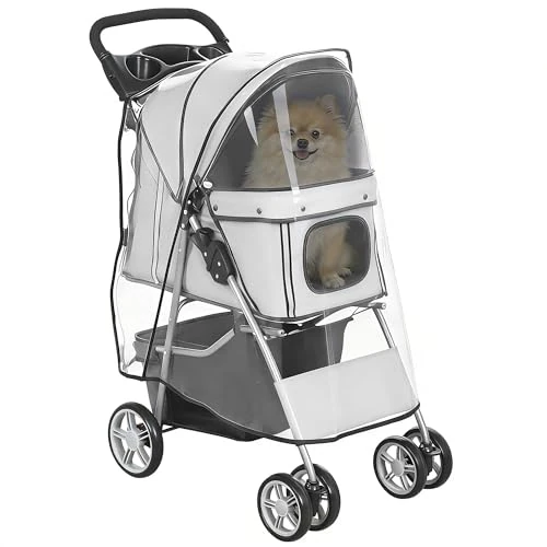 Offerta a tempo: PawHut Passeggino per Cani Pieghevole, Carrozzina per Animali con Copertura Antipioggia, Catarifrangenti, Ruote Girevoli a 360°, Freni e Cuscino Lavabile, Grigio - 5% da 54.95 € a 52.20 €