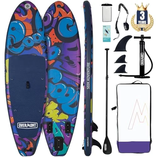 Oferta limitada: Overmont Tabla Paddle Surf Hinchable para Adultos 323×84×15 cm, Stand Up Paddle Board con Kit Completo, Remo Ajustable, Bomba, Mochila, Leash y 3 Quillas-Grafiti de 269.99 € a 253.70 € (ahorro 6%)