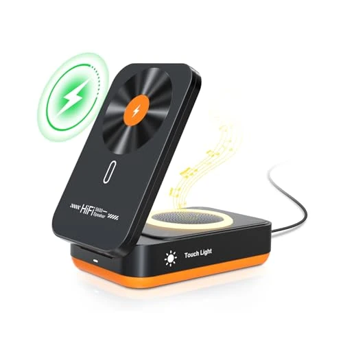 Offerta a tempo: 3-in-1 Caricabatterie Senza Fili compatible con iPhone 17/16/15/14/13/12 Pro Max, con Altoparlante Bluetooth, Illuminazione 3 Livelli & Supporto per Telefono Pieghevole Nero - 0.0% da 14.99 € a 14.99 €