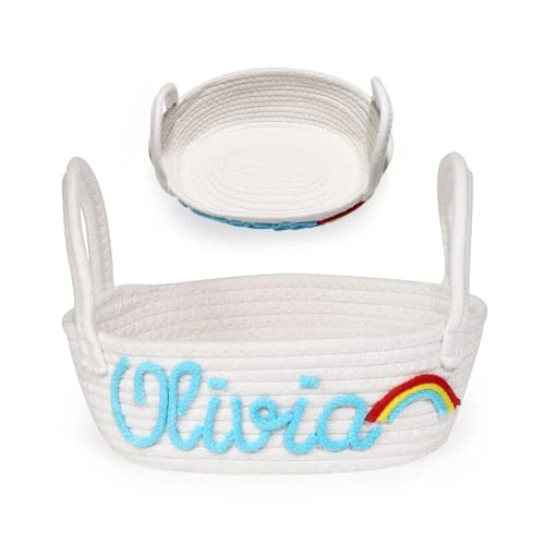 Lam Hub Fong Cesta de Almacenaje Personalizada con Nombre, Cesta Tejida de Algodón con Asas, Organizador Bordado para Bebé Pañales Juguetes Cosméticos Escritorio y Hogar (30*15*9cm)