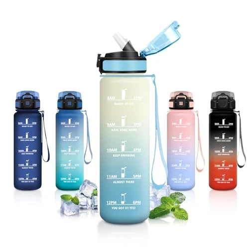 Zeitlich begrenztes Angebot: Sport Trinkflasche 1L, Auslaufsichere Trinkflasche mit strohhalm, Motivierende Wasserflasche mit Zeitmarkierung, Kohlensäure Geeignet, Sportflasche für Schule, Camping, Fitness, Laufen, Radfahren von 12.99 € auf 9.99 € (23% Ra