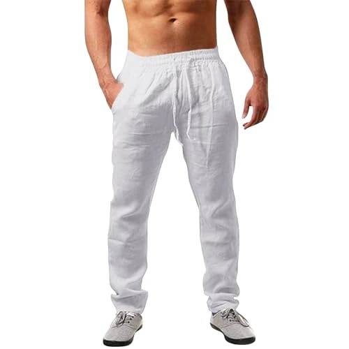 Generico Pantaloni Lino Uomo Casual Leggeri Larghi Sportivi Pantalon Elastico in Vita Comodi Pantalone Yoga da Spiaggia con Tasche Pantaloni Uomo Estivi Loose Fit Pants Pantaloncino Abbigliamento
