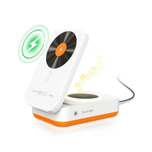 Offerta a tempo: 3-in-1 Caricabatterie Senza Fili compatible con iPhone 17/16/15/14/13/12 Pro Max, con Altoparlante Bluetooth, Illuminazione 3 Livelli & Supporto per Telefono Pieghevole (Blanco) - 50% da 29.99 € a 14.99 €