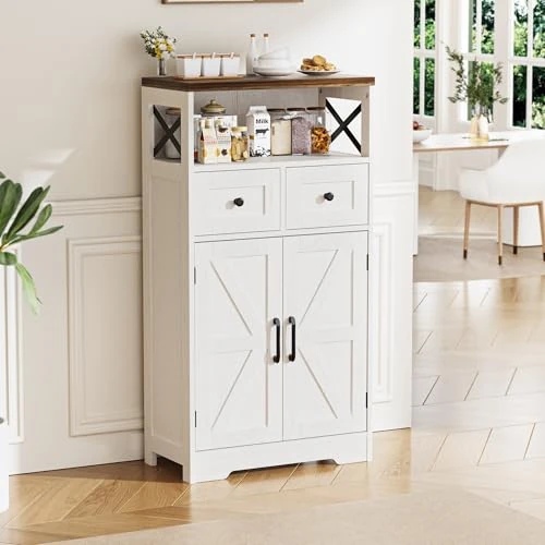 Offerta a tempo: BonVache Mobile da Cucina, Buffet, Sideboard, con Porta e Mensola Regolabile, 2 Cassetti, per Cucina, Sala da Pranzo, Soggiorno, Bianco - 15% da 99.99 € a 84.99 €