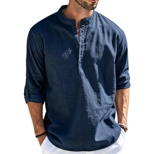 Oferta limitada: Cegerne Camisa de Lino Hombre Manga Larga Camisa Verano Ligera Transpirable Henley Casual para Vacaciones Playa, Azul Marino, XXL de 28.99 € a 28.99 € (ahorro 0.00%)
