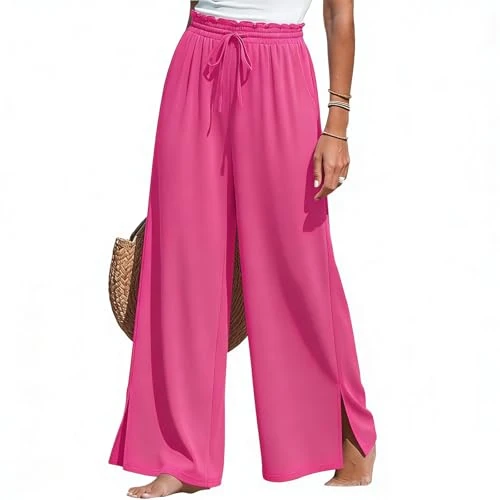 Offerta a tempo: Beokeuioe Pantaloni da donna a gamba larga e spacco – Comodi pantaloni palazzo con coulisse e tasche, eleganti pantaloni casual estivi in tessuto morbido vita alta con volant pantaloni da spiaggia - 0.00% da 19.98 € a 19.98 €