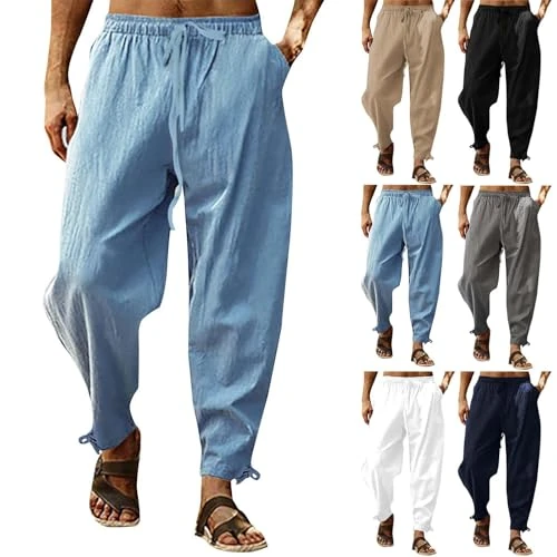 Fccrian Pantaloni Lino Uomo, Pantalon Elasticizzati Casual Leggeri Larghi Pantalone Leggeri Chino Elegante Traspirante Confortevole Loose Spiaggia Pants Larghi con Coulisse Abbigliamento