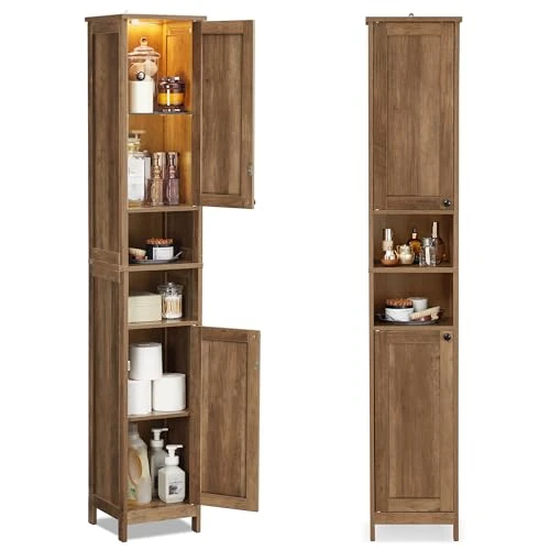 Offerta a tempo: VASAGLE Mobile da Bagno con Luce, Mobiletto da Bagno Salvaspazio, Armadietto da Bagno a Colonna con Ripiani Regolabili, Largo 30 cm, per Piccoli Spazi, Moderno, Marrone Miele BBK566KB01 - 0.00% da 75.59 € a 75.59 €