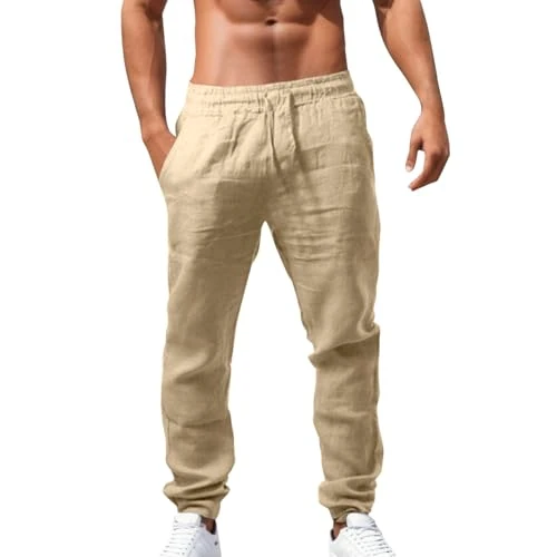 Luadnysin Men's Linen Trousers Trousers Breathable Loose Slim Fit Elastic Waist Classic Cotton Work Gym Summer Baggy Casual,S-5XL, a001 khaki, XL