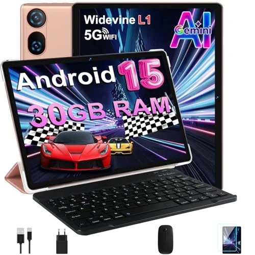Offerta a tempo: DMOAO Tablet 10 Pollici Android 15 con 30 GB RAM + 2TB ROM Espansione, FHD Tablet con Tastiera e Mouse, 5G Wi-Fi, GPS, Widevine L1, Octa-Core, USB-C, BT 5.0, 6000 mAh, 8MP+5MP, Gemini AI, Oro - 55% da 219.99 € a 99.99 €