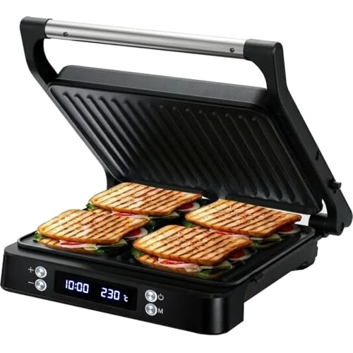 Offerta a tempo: Olvy Grill digitale a contatto con piastre antiaderenti, macchina per panini 3 in 1, griglia aperta a 180°, temperatura regolabile, timer, ampia area di cottura, manico Cool-Touch, Negro - 36% da 59.99 € a 38.35 €