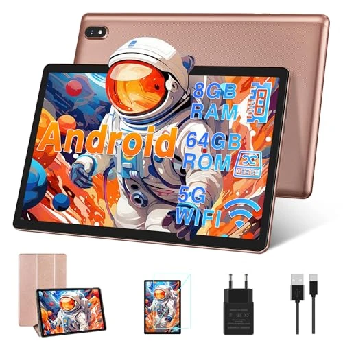 Offerta a tempo: DMOAO Tablet 10 Pollici Android con 5G Wi-Fi, HD Tablet con 8 GB RAM + 64 GB ROM (Espandibile fino a 1 TB), GPS, 8 Cores 2.0 GHz, Bluetooth 5.0, 1280 * 800 IPS, USB-C, 6000 mAh, Oro - 48% da 139.99 € a 72.99 €