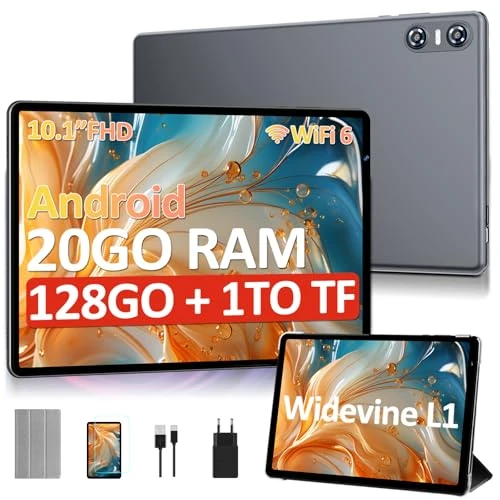Offerta a tempo: Tablet 10 Pollici Android con 20 GB RAM + 128 GB ROM(Espandibile Fino a 1 TB), Widevine L1, Octa-Core, Wi-Fi 6, Bluetooth 5.0, Fotocamera 8MP + 5MP, 6000mAh, Tablet con custodia protettiva, Grigio - 58% da 179.99 € a 75.99 €