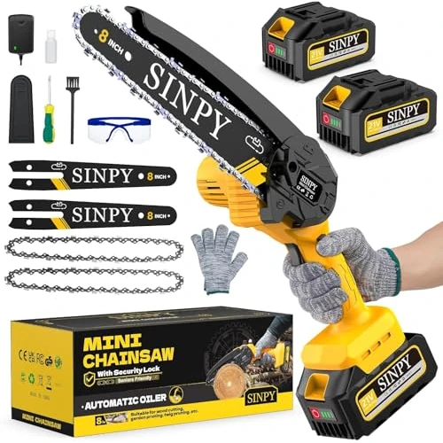 Offerta a tempo: SINPY 8" Mini Motosega a Batteria per Potatura, 2x4000mah, 880w sega elettrica con Pompetta Olio e Blocco di Sicurezza, Motosega Elettrica Portatile per il Taglio del Legno Giardini - 0.00% da 79.99 € a 79.99 €