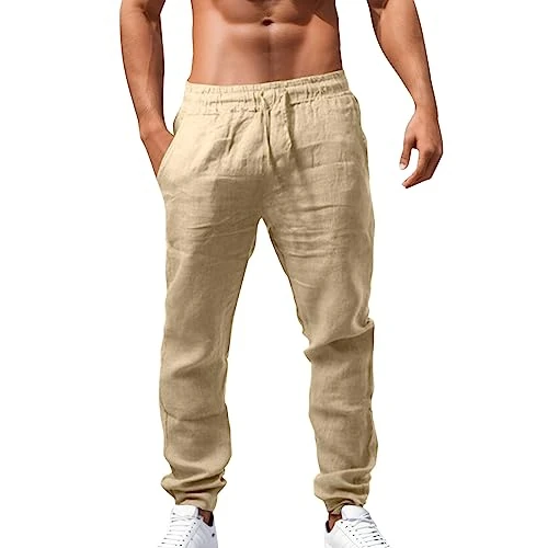 Pantalones de lino para hombre, de verano, informales, ligeros, holgados, deportivos, elásticos, cómodos, de playa con bolsillos, pantalones cortos sueltos y cómodos, B01 Khaki, M