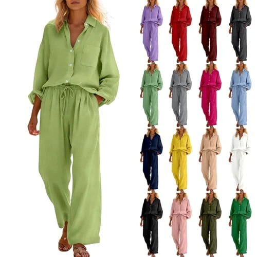 Vhersily Conjunto de pantalones de mujer de lino y algodón elegante, conjunto de verano completo Drop Shoulder Casual dos piezas esenciales talla grande Curvy señora traje de playa para el verano