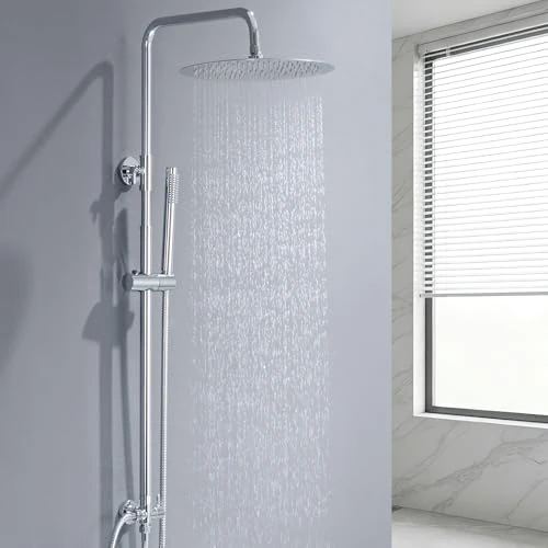 Auralum Colonne de Douche Sans Mitigeur Chrome Mat en Laiton, Colonne Télescopique 68-108cm avec Tête de Douche Rond 12", Douchette Carrée et Flexible PVC, pour Baignoire et Salle de Bain