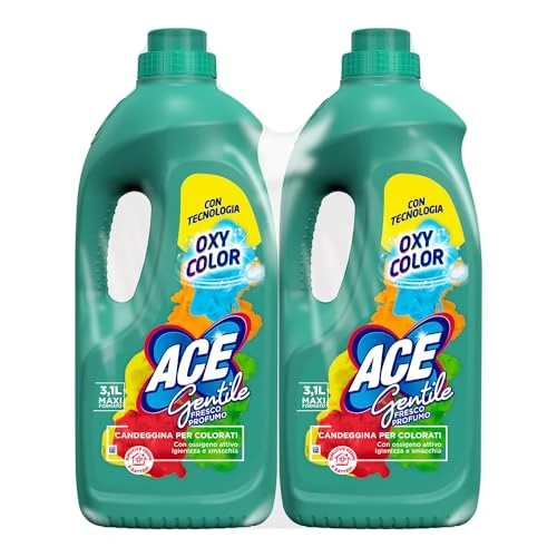 Offerta a tempo: ACE Gentile Fresco Profumo – Candeggina Delicata per Capi Colorati, Formula Oxy-Color Igienizzante e Smacchiante, Protegge i Tessuti Colorati, Profumo Fresco di Pulito, Bipacco da 6,2 Litri - 15% da 10.00 € a 8.50 €