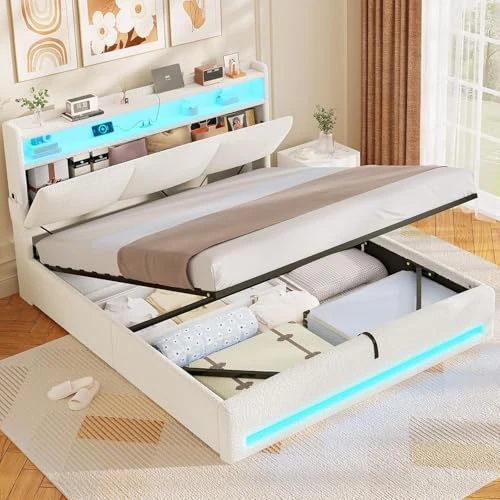 Offerta a tempo: AGOLLATI Letto Contenitore Matrimoniale, Letto 140 x 200 cm con Illuminazione a LED e Stazione di Ricarica, Letto Matrimoniale con Sollevamento Idraulico e Testiera Imbottita, Beige (Teddy Fleece) - 25% da 159.99 € a 119.99 €