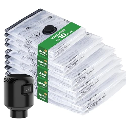 Offerta a tempo: Sacchetti Sottovuoto Vestiti con Pompa Elettrica, 10 Pezzi Sacchetti Salvaspazio Riutilizzabili con Pompa (2XS+2XS+2S+2M+2L), Borse portaoggetti per viaggi, vestiti, piumini, biancheria da letto - 5% da 29.99 € a 28.49 €