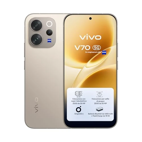 Offerta a tempo: vivo V70 5G Smartphone 8GB RAM + 256GB, Fotocamera ZEISS 50MP con Super Teleobiettivo, Video 4K, Display OLED 6,59" 1.5K, Batteria 5400mAh, Sblocco Impronta Digitale 3D, IP68/IP69, Android 16,NFC - 19% da 649.00 € a 527.74 €