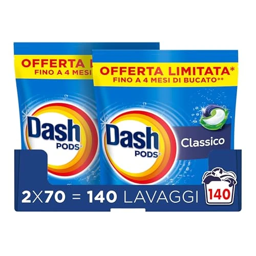 Offerta a tempo: Dash Pods Detersivo In Capsule, 2x70 Lavaggi, Classico, Rimuove Le Macchie, Igienizza, Brillantezza Per I Capi - 0.00% da 58.50 € a 58.50 €
