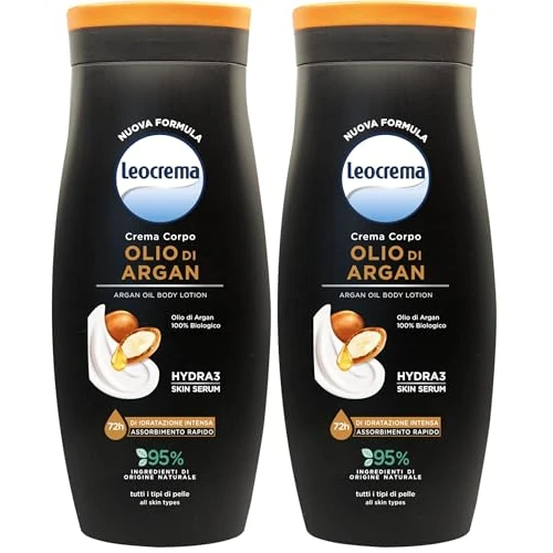 Offerta a tempo: Leocrema - Crema Corpo All'Olio di Argan Biologico, Texture Ricca e Vellutante ad Assorbimento Rapido, Idratazione per 72 ore, 250ml (Confezione da 2) - 49% da 6.58 € a 3.36 €