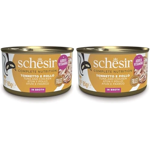 Schesir, Tonnetto con Pollo in Brodo, Alimento Umido Completo per Gatti, con Vitamine Aggiunte, 100% Filetti Naturali, 12 lattine da 85g (Confezione da 2)