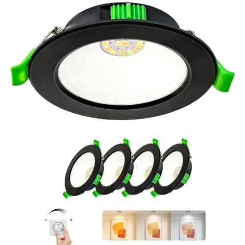 Offerta a tempo: Laiebri Faretti LED da Incasso 230V Dimmerabile Set di 4, 5W 650lm Ultra Piatto 23mm, 3 CCT di Colore 2700K/4000K/6000K, IP44 Resistente agli Schizzi, Foro Ø68-75mm, per Bagno Soggiorno, Nero - 5% da 17.96 € a 17.06 €