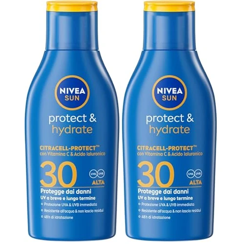 Zeitlich begrenztes Angebot: NIVEA Sun Protect & Hydrate SPF 30 Reiseformat 100 ml, feuchtigkeitsspendende Sonnencreme 30 48h schnell einziehend, Sonnenschutz 30, wasserfest mit Vitamin C und Hyaluronsäure (Packung mit 2) von 20.12 € auf 20.12 € (0.00% Ra