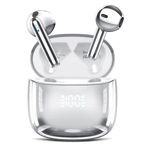 Offerta a tempo: Cuffie Bluetooth, Auricolari Bluetooth 5.4 Incorporato Driver da 14.2mm, Cuffie Wireless con Bassi Icmmersivi, IP7 Impermeabili Cuffiette Bluetooth, 40H Cuffie Senza Fili con Display LED, Argento - 50% da 39.99 € a 19.99 €