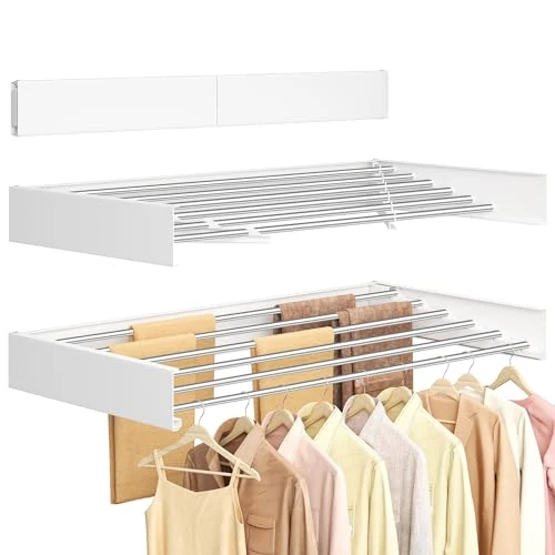 Offerta a tempo: SONGMICS Stendibiancheria da Parete Pieghevole, 6 Barre in Lega di Alluminio, Stendino da Muro, Dima di Foratura, Risparmia Spazio, Interno Esterno Lavanderia, Lungo 100 cm, Bianco Opaco LLR810WE01 - 0.00% da 39.99 € a 39.99 €