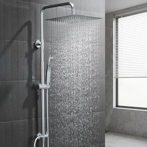 Auralum Regendusche ohne Armatur, Duschsystem Edelstahl mit Regendusche Duschkopf 30cmx30cm eckig, Duschgarnitur mit Messing-Wasserteiler, Höhenverstellbar Duschstange, Duschset Chrom