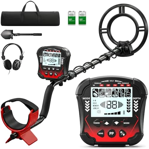 Professionele metaaldetector voor volwassenen, 5 zeer nauwkeurige modi, waterdichte spoel, 10 inch, IP68, lengte verstelbaar 107-130 cm, met lcd-display, ideaal voor beginners en experts, rood