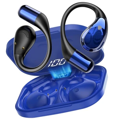 Open Ear Wireless Bluetooth Earphones, HiFi Stereo Sound with Earhook, LED Display, IP7 Waterproof, Blue