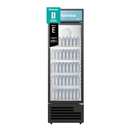 Offerta a tempo: Hisense CPC221F7ABE Frigorifero commerciale bevande, Capacità 205 litri, Illuminazione interna LED, Display Personalizzabile, Ripiani Regolabili, Auto Evaporazione, Serratura, Classe E, Nero - 20% da 499.00 € a 399.00 €