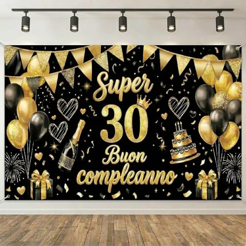 Offerta a tempo: Striscione di Compleanno 18 30 40 50 60 70 80 Anni, Compleanno Festa Decorazioni Oro Nero, Fondale per Decorazioni del Buon Compleanno Decorazione 180x115 cm, (30 Anni) - 10% da 10.99 € a 9.92 €