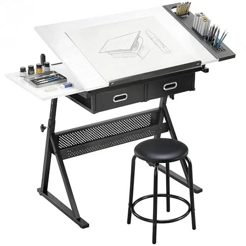 Offerta a tempo: HOMCOM Tavolo da Disegno Inclinabile Altezza Regolabile con Sgabello, Scrivania per Disegno e Lavoro con Cassetti, Ripiano Portaoggetti per Pittura Ingegnere Scrittura Artisti Architetti, Bianco - 0.00% da 121.95 € a 121.95 €