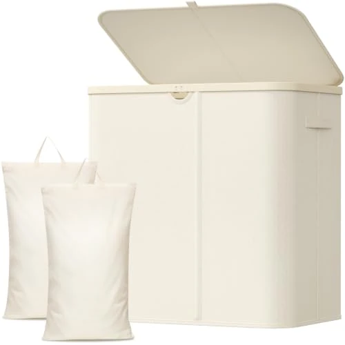 Offerta a tempo: Lifewit Cesto Biancheria Sporca 2 Scomparti, Cesta Panni Sporchi con Sacchi Lavabili, Cesto Portabiancheria, Laundry Basket per Bagno, Camera da Letto e Lavanderia, Bianco, 145L - 6% da 35.99 € a 33.99 €
