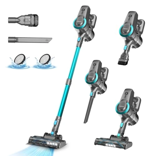 Aspiradora inalámbrica con batería, 28000 Pa/175 W/55 min, cepillo antienredos y de pie, aspiradora de mano ultraligera con batería para alfombras, suelos duros, pelo de animales