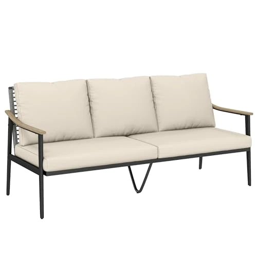 Offerta a tempo: Outsunny Divanetto da Esterno a 3 Posti in Rattan PE, Divano da Esterno con Braccioli Effetto Legno, Cuscini Lavabili, Struttura in Acciaio, Divano da Giardino per Terrazzo, Patio e Balcone, Cachi - 13% da 213.95 € a 185.93 €