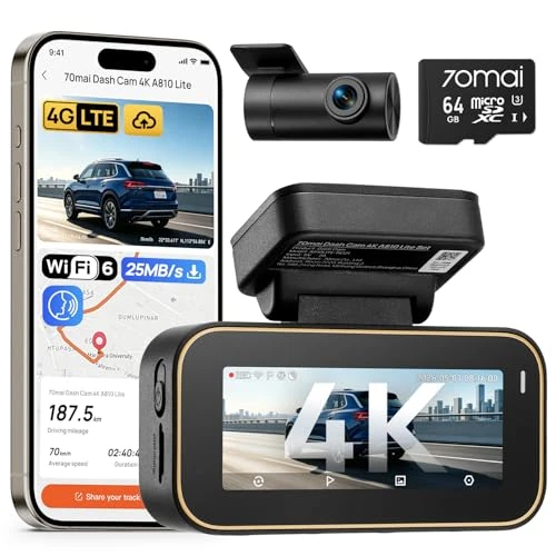 Tijdelijke aanbieding: 70mai A810 Lite Dashcam voor en achter, 4K dashcam 2160p + 1080p met 64 GB kaart, 24 uur parkeerbewaking, 4G LTE externe toegang ondersteund, noodvooropname, G-sensor, nachtzicht HDR, F1.55, 5GHz WiFi van 149.99 € naar 149.99 € (0.0