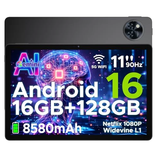 POPUX U11 Android 16 Tablet mit Gemini AI, 11 Zoll 90 Hz, 16 GB RAM + 128 GB ROM (2 TB TF), Octa-Core Android-Tablet 8580 mAh, ultradünner Metallkörper 7,9 mm, Kamera 13 MP, Widevine L1/Face ID/5G