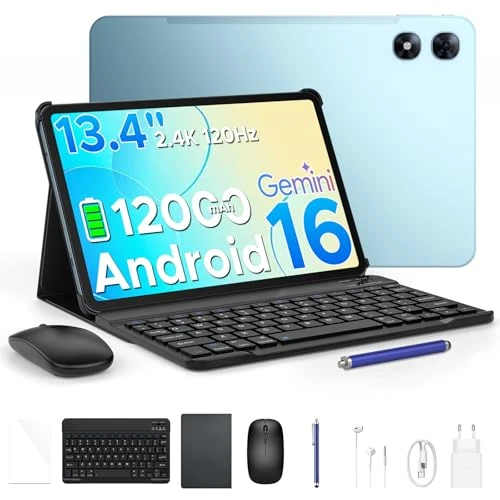 POPUX P13 Pro Android 16 tablet, 48 GB + 256 GB ROM, 2,4 K 120 Hz 13,4 inch tablet met Gemini AI, touchscreen tablet T7280 Octa-Core, 16 MP + 8 MP, 12000 mAh, 5G WiFi, 4G LTE, toetsenbord, stylus