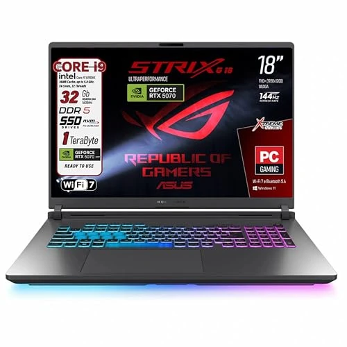 ASUS Rog Strix G18 Laptop Gaming, CPU Intel i9-14900HX, RAM 32GB DDR5, SSD 1Tb, groot display 18 inch 144 Hz FHD+, Nvidia GeForce RTX 5070 8 GB GDDR7, Wi-Fi 7, BT 5.4 Thunderbolt, Win 11, klaar voor