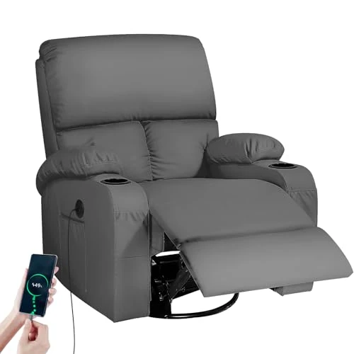 Rocking Chair with Relax Function Massage Chair with Vibration and Heat and USB Type-C Ports 360° Swivel for Living Room Bedroom Children's Room Camper Motorhome Grey