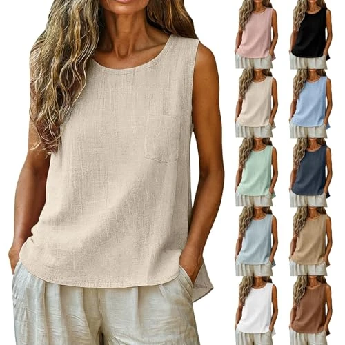 Generico Tank Top Donna in Lino e Cotone Tinta Unita Scollo Rotondo Taschino sul Petto vestibilità Larga Canotta Orlo Asimmetrico Corto Davanti Lungo Dietro Comoda Traspirante Maglietta Casual